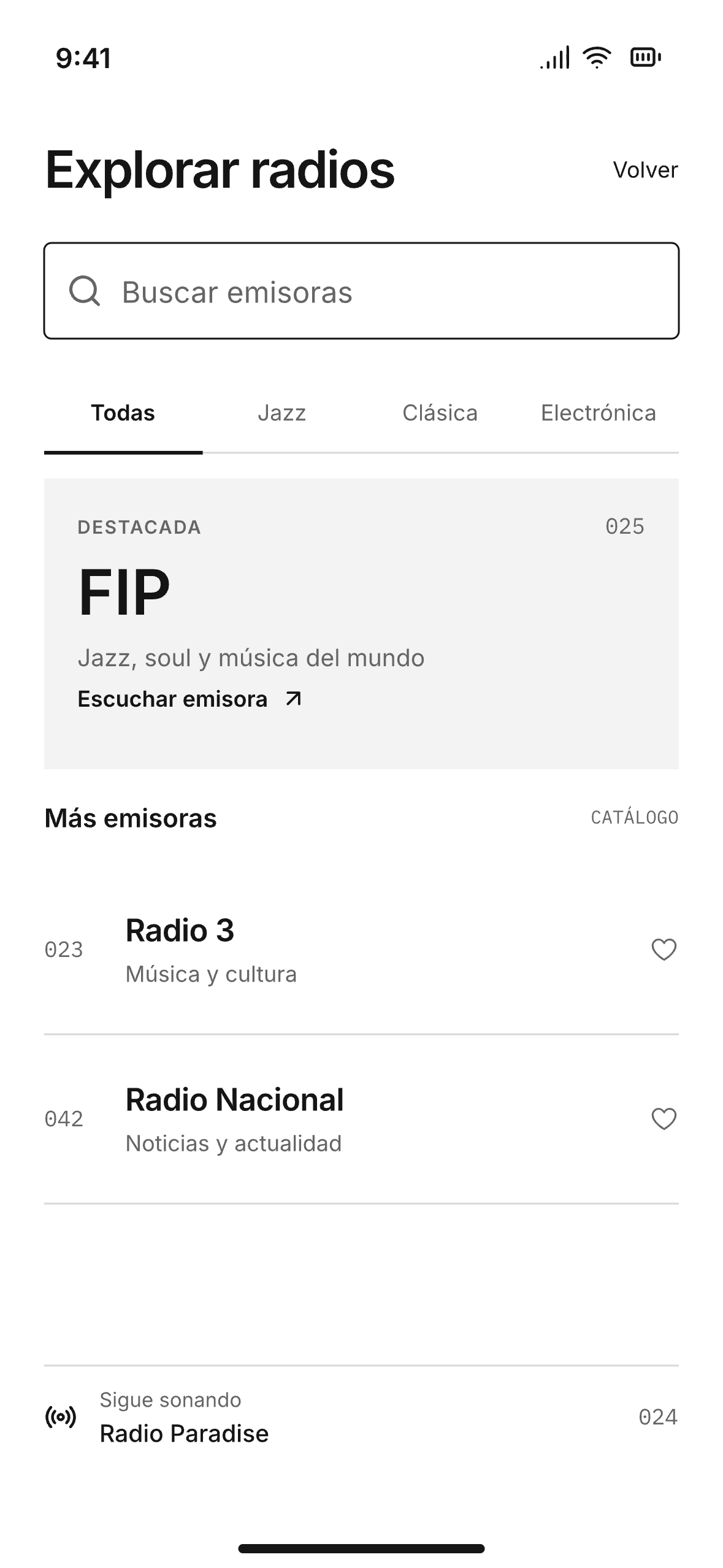 Pantalla Explorar radios con filtros por género y FIP destacada