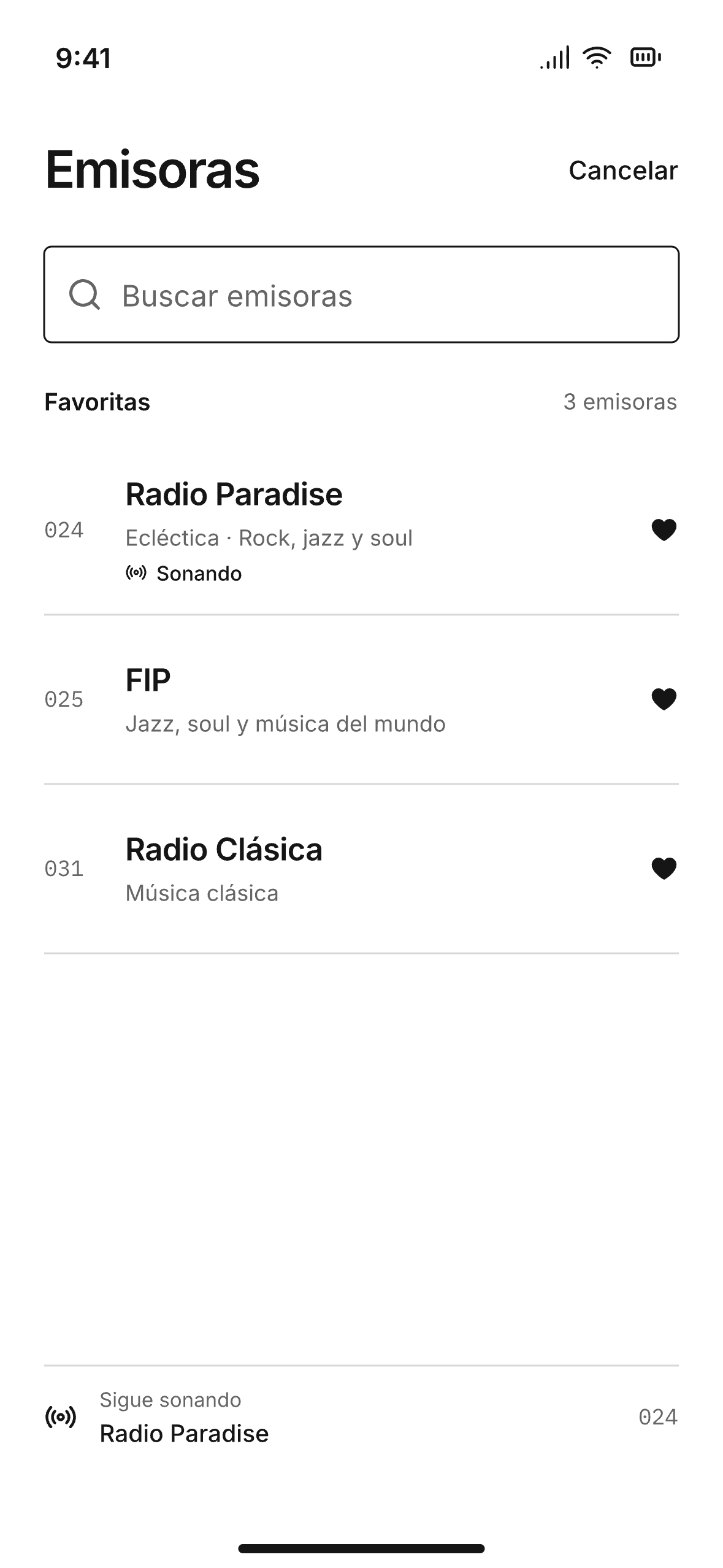 Buscador de emisoras con la lista de favoritas