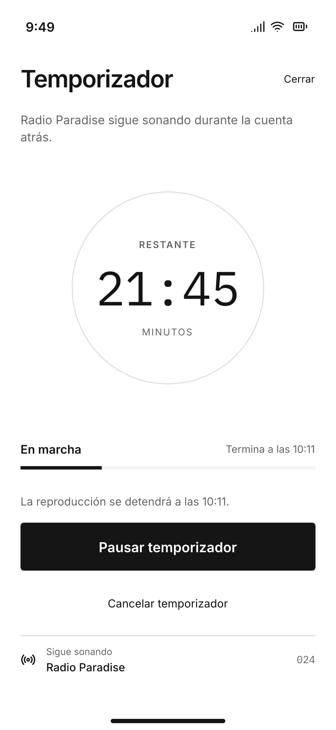 Pantalla del temporizador en marcha con 21:45 restantes
