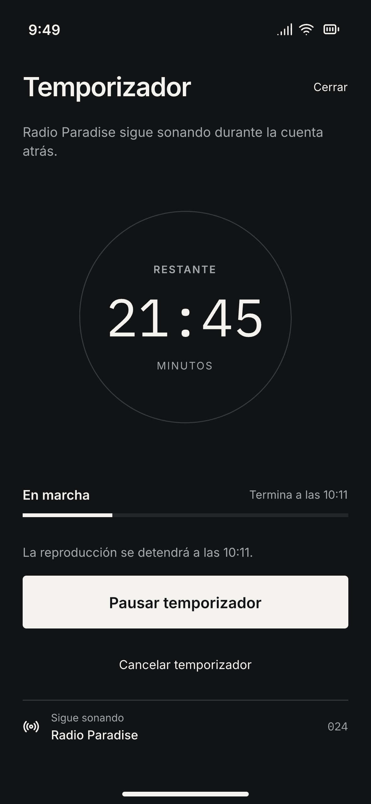 Temporizador en marcha en modo oscuro